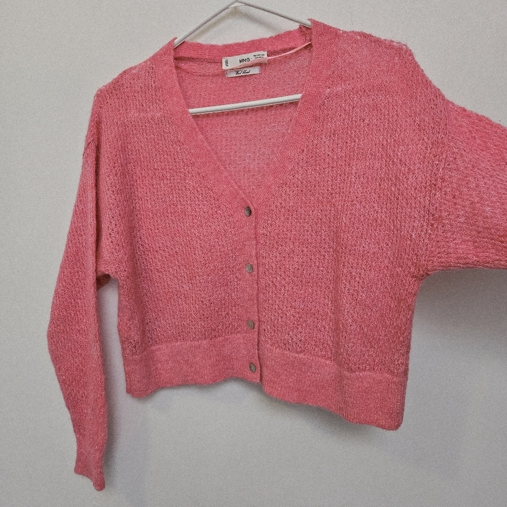 Mango Sz XS Boxy Wool Laine Blend Oversized Pink Open Cropped Cardigan  Sweater - Picture 6 of 12